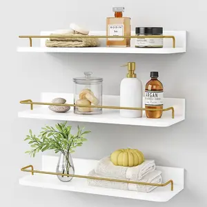 Gold Floating Shelves for Wall Decor – Set of 3 Modern White & Gold Shelves with Guard Rail for Bathroom, Over Toilet, Living Room & Bedroom Storage