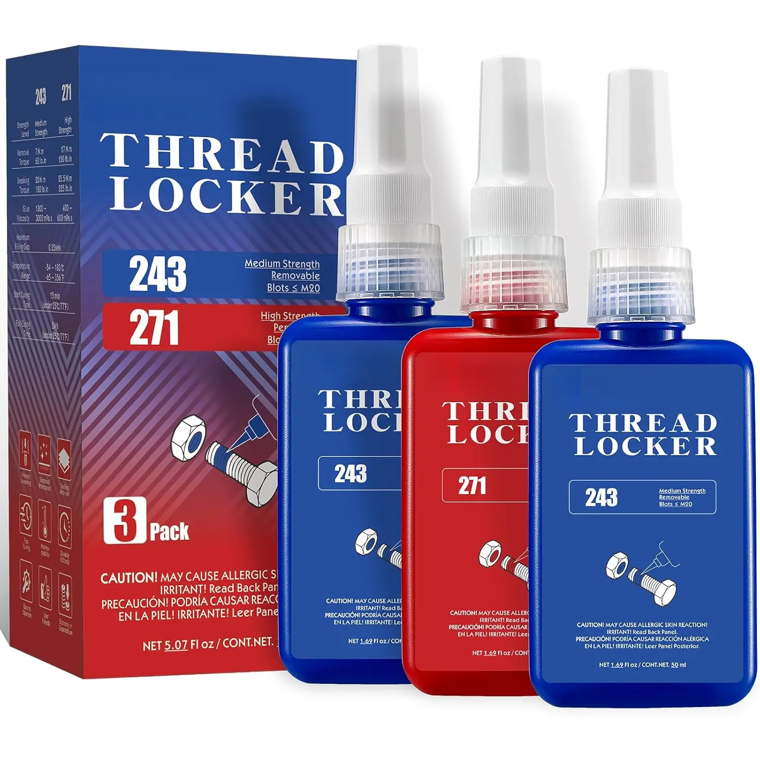 3 Pack Thread Locker Set (243 Blue x2 + 271 Red) - 5.07 Fl oz Anaerobic Curing Metal Glue for Nuts, Fasteners, Household Appliances, Bicycles - Prevents Rusting, Seals/Locks Tight in High Humidity, High Vibration Environments