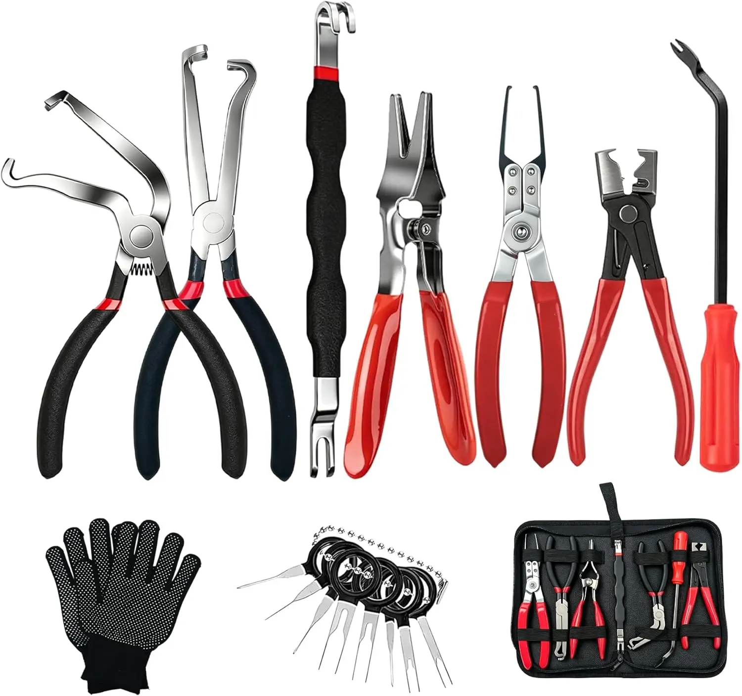 10 PCS Bent-Nose Electrical Disconnect Pliers Complete Set, Essential Tool Set for Cars, Trucks, SUVs with Storage Box for Organized and Protected Tools, Bonus Gloves