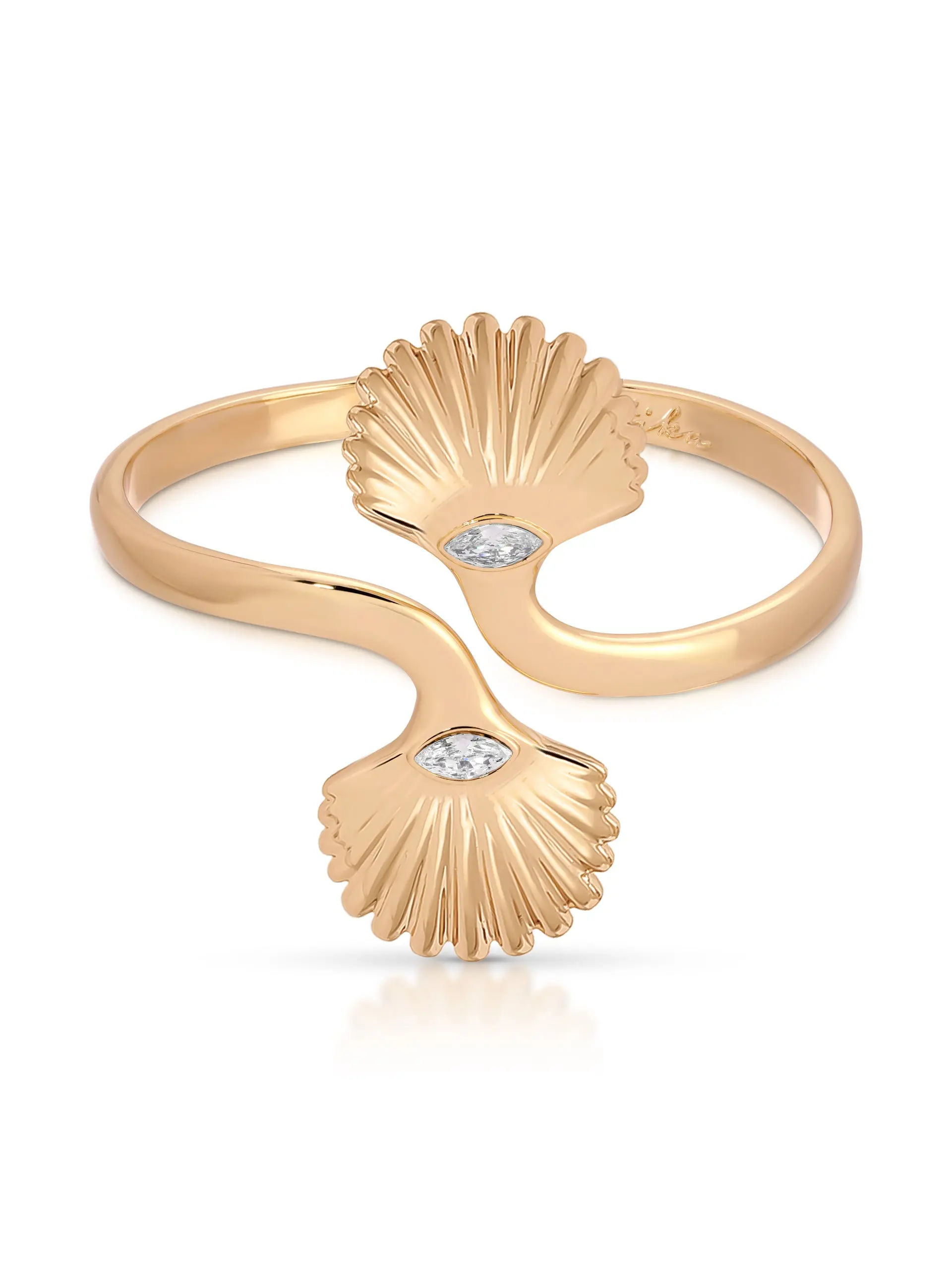 Ettika Santorini Shell Cuff 18k Gold Plated Zinc with Cubic Zirconia 2.35" Diameter 7.4" Circumference Hinge Closure Exquisite Bracelet Golden Cuff Bracelet