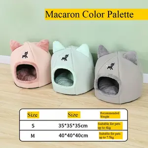 Cute Cat Ear Shape Bed, Macaron Color Warm Plush Pet Cave House, Comfortable Enclosed Cat Nest for Small Dogs and Cats, Shaped Beds, Home