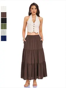 High-Quality Cotton Linen Pocket High-Waisted Elastic Three-Section Belt Design American Fashion Commuter Daily Wear Casual Women Skirt