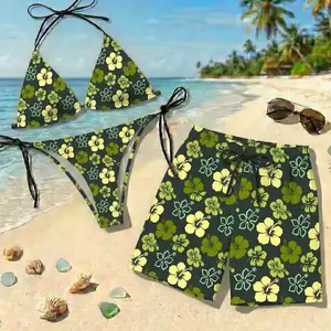Green Hibiscus Floral Matching Couple Swimwear Set, Women Bikini and Men's Hawaiian Trunks Tropical Beach Outfit Gift HOT