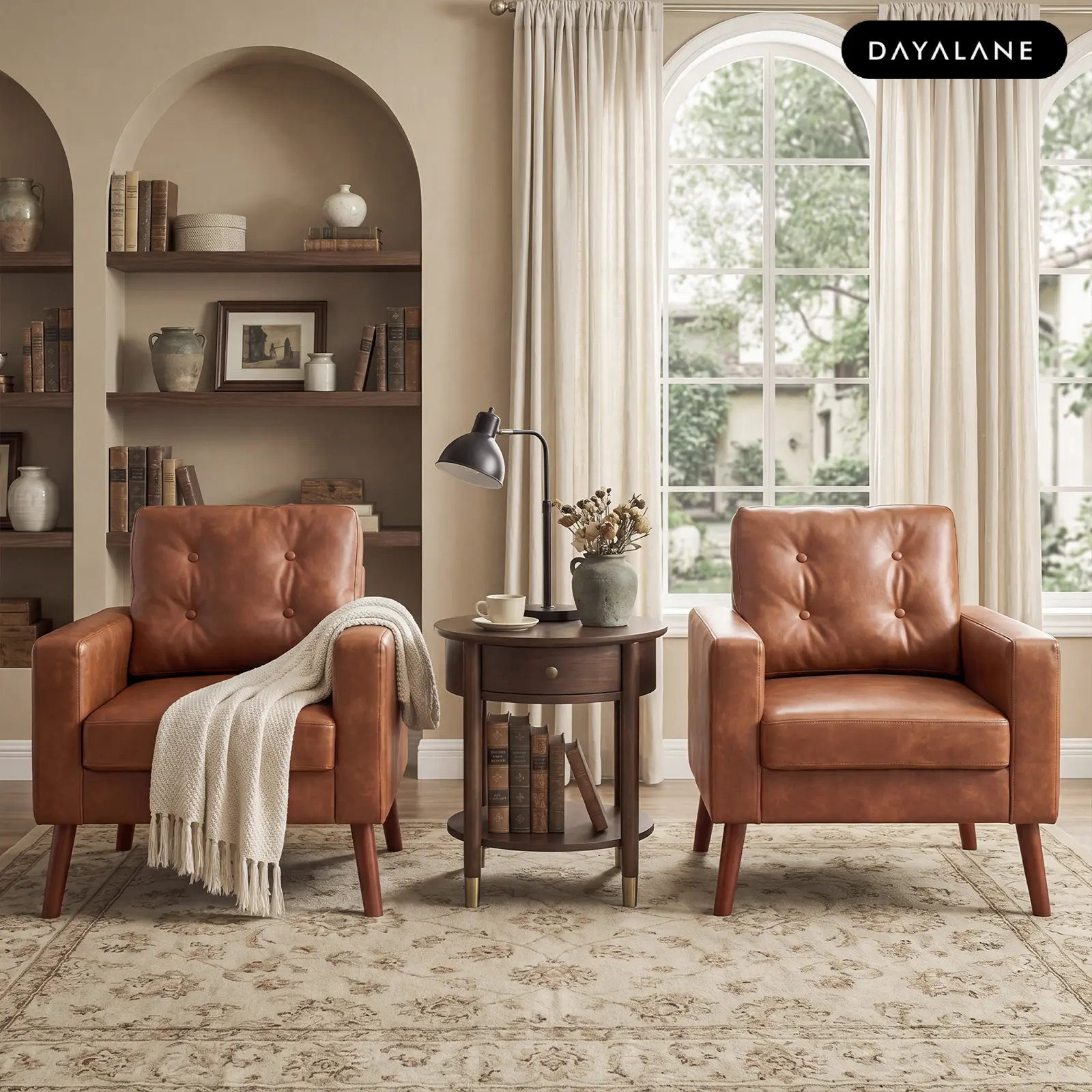 [SummerFinds]DAYALANE Modern London Accent Chair Leather Armchair with Wood Legs Brown Upholstered 17.7" Tufted Backrest 9.8" Thick Cushion Compact Size Vegan Leather Sturdy Base Brown