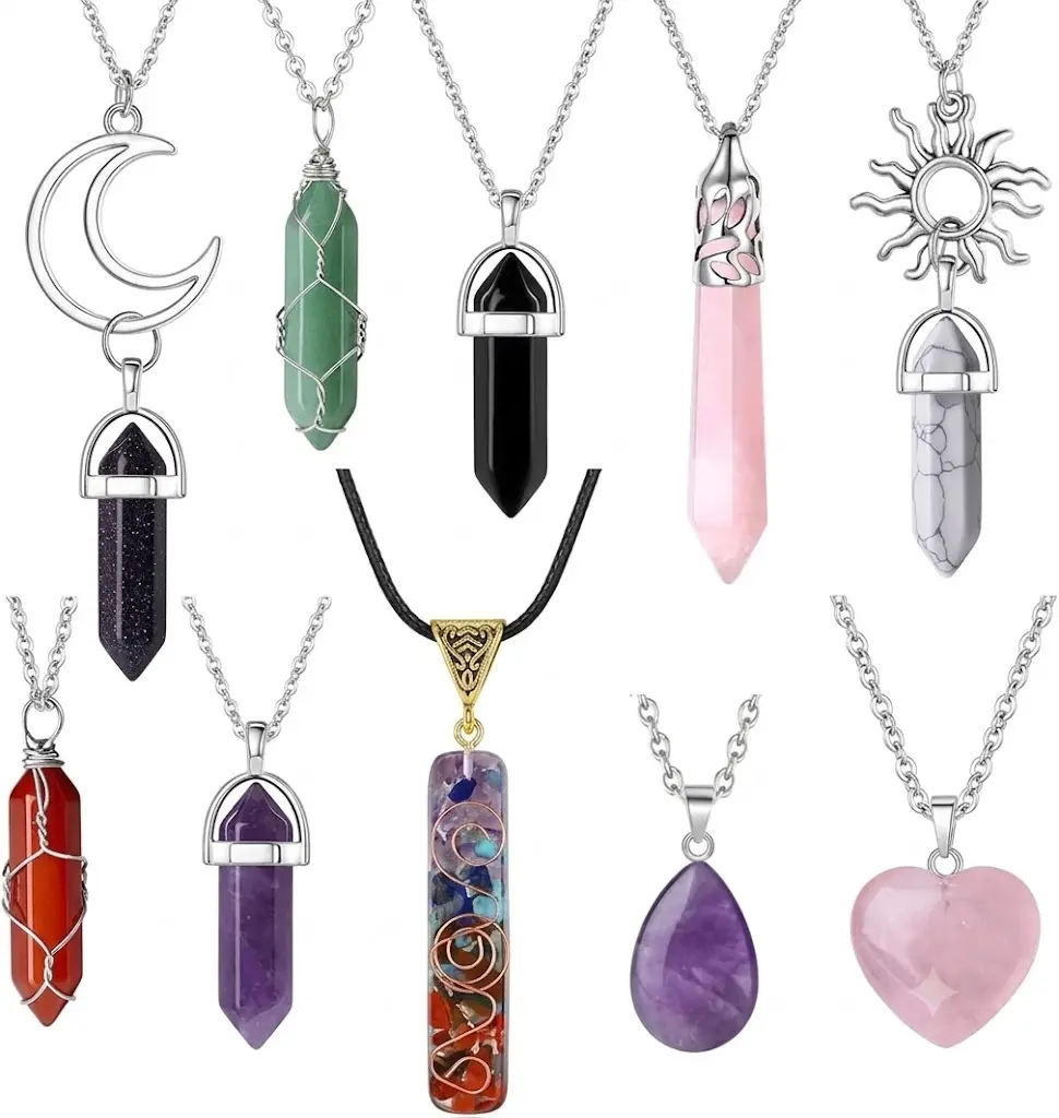10 Pcs Crystal Healing Necklace Set – Natural Gemstone Chakra Pendants for Spiritual Energy, Reiki Balancing & Protection – Boho Hippie Jewelry Gift for Women