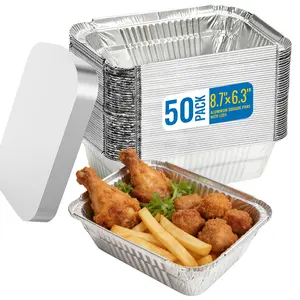 50 Pack Aluminum Pans with Lids, 8.6''x6.3'' Disposable Tin Foil Baking Pans for Meal Prep, Oven-Safe Freezer & Takeout Containers
