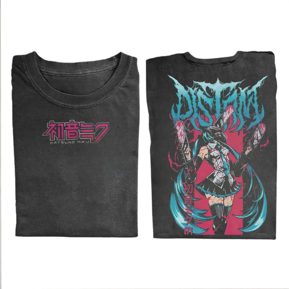 Comfort Colors Chainsaw Miku Vintage Double Printed Tee, Hatsune Miku Chainsaw Crossover Shirt, Anime Streetwear T-Shirt, Gift for Men Women, Trending Tee