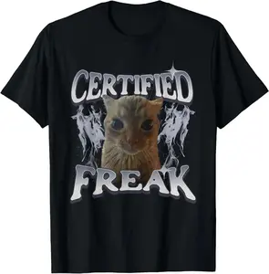 Vintage Certified Freak Cat Meme Graphic Tee | Retro Funny Internet Culture Aesthetic T-Shirt | Heavyweight 100% Cotton Streetwear Top | Trendy Weird Core Relaxed Fit Apparel | Soft Breathable Cat Lover Gift | Chic Urban Outfit