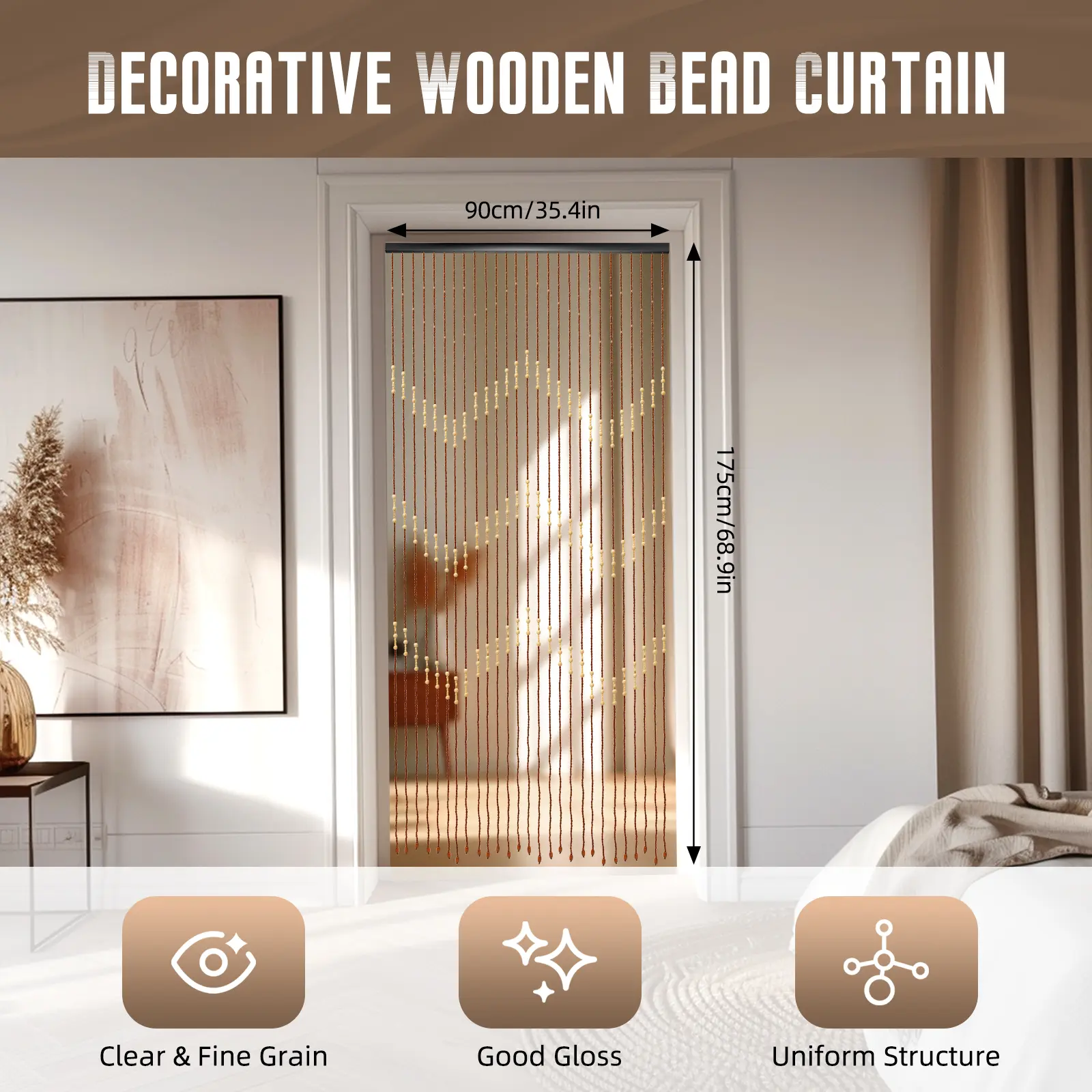 Bamboo Wood Bead Curtain, Retro Boho Door Divider, Insect Blocking, No Drilling Easy Hang, Foldable, Light Filtering, Easy Clean Home Decor