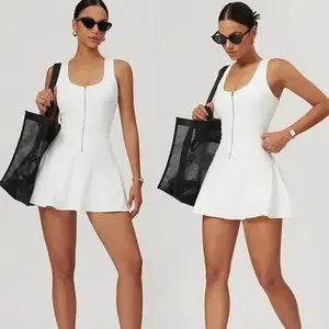 Zipper Sleeveless Tennis Dress Women One-Pieces Fitness Sports Sets Push-up Workout Tracksuits With Chest Pads Yoga Suits