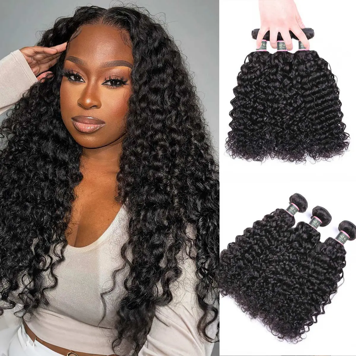 OQ HAIR Water Wave Hair Bundles 100% Virgin Human Hair Weaving Natural Black Color 3 4 Bundle Deals Double Weft Sew in Hair Extensions