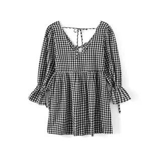 Women Mini Dress Short Sleeve V Neck Plaid Dress Summer Dress for Casual Daily Dating Light Polyester