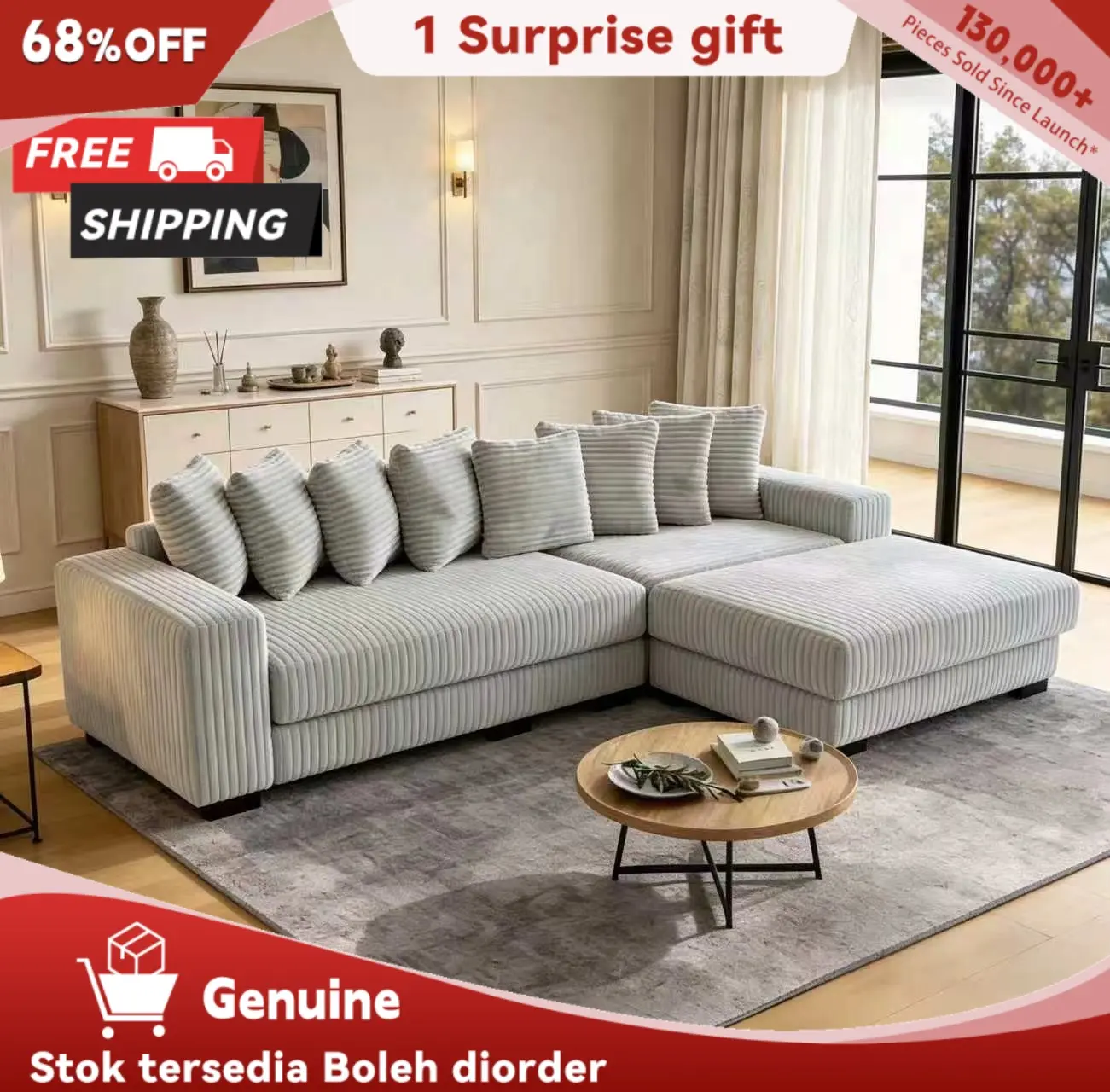 【Sub 3 packages】Niccae 111-in Modern L-Shape Corduroy Upholstered Sectional with Recliner, Chaise, Extra-Wide Lounge Loveseat & 8 Free Pillows - Luxury Sofa Set, Living Room Furniture, Couch for Living Room, Apartment Furniture,dorm essentials,home decor
