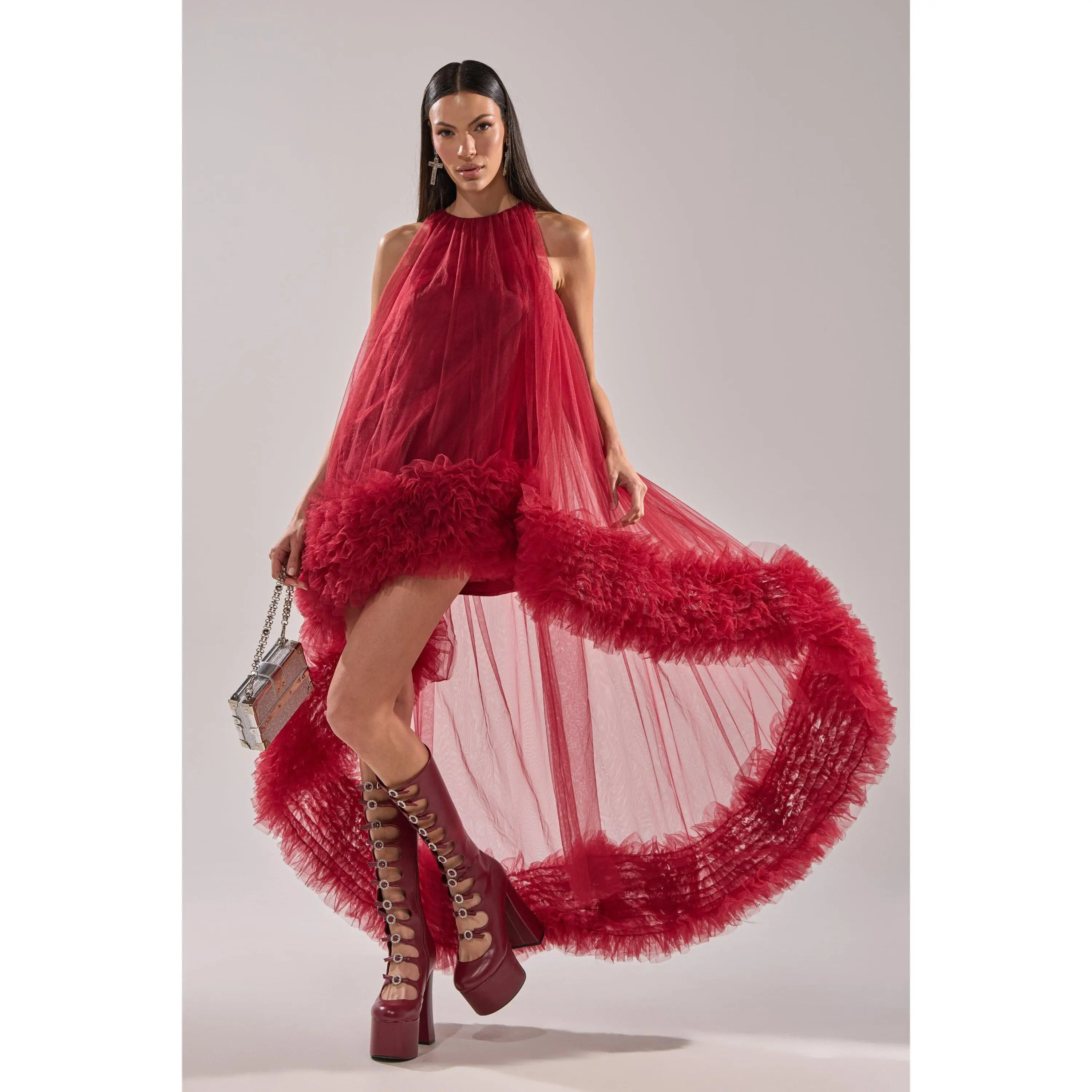 ARI TULLE HIGH LOW DRESS IN BURGUNDY