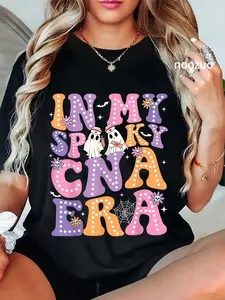 100% Cotton Unisex Groovy In My Spooky CNA Era Ghost Nurse Halloween Nursing T-Shirt Casual Top