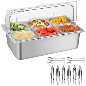 Countertop Food Serving Display Container with Clear Roll Top Cover, Stainless Steel Food Serving Tray Buffet Condiment Dispenser Ice Cooled Food Display Rack Food Pans(6 Pan)