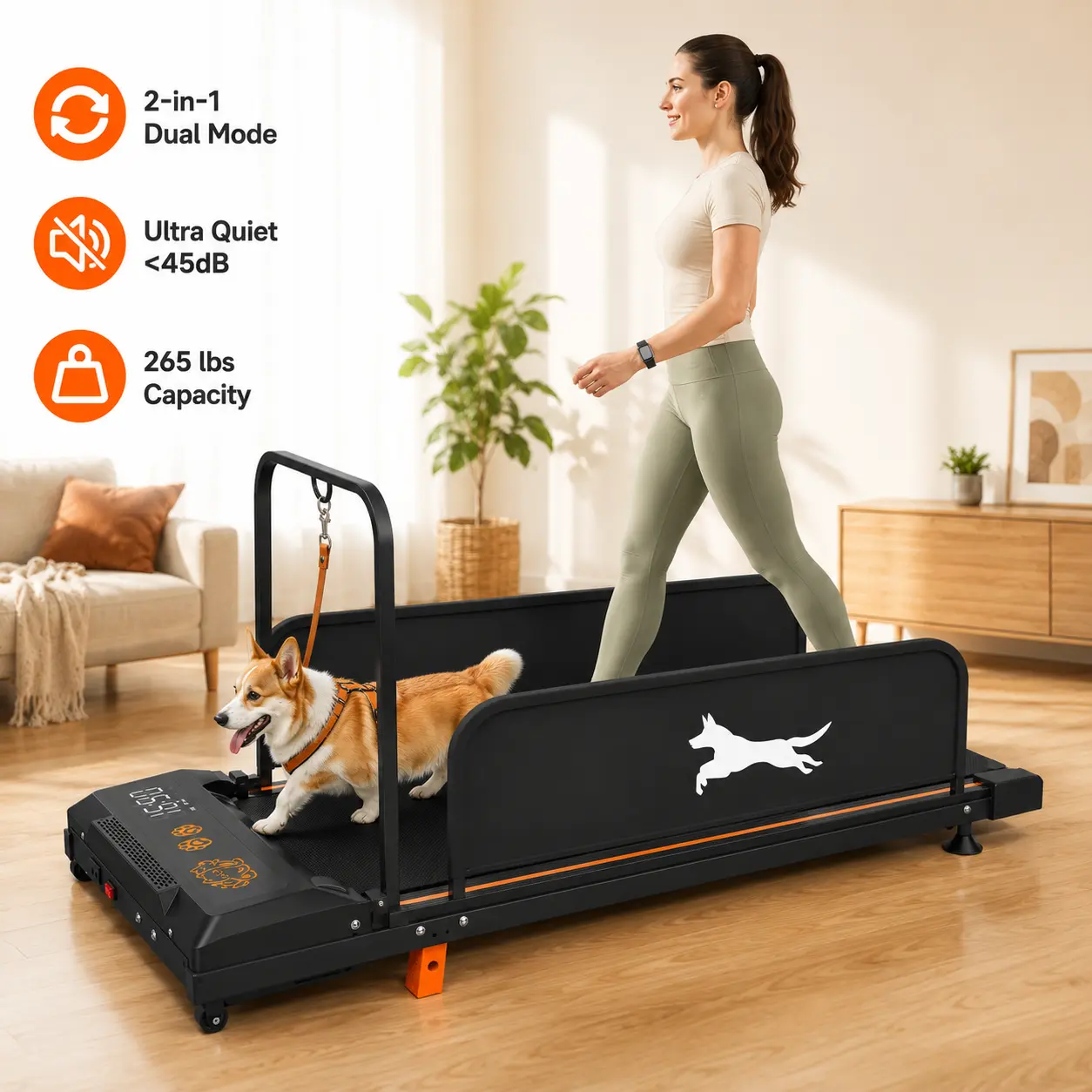 2 in 1 Folding Treadmill for Home Walking Exercise Portable Running Machine Low Noise with LCD Display Remote Control Compact Treadmill for Small Dogs Pets Indoor