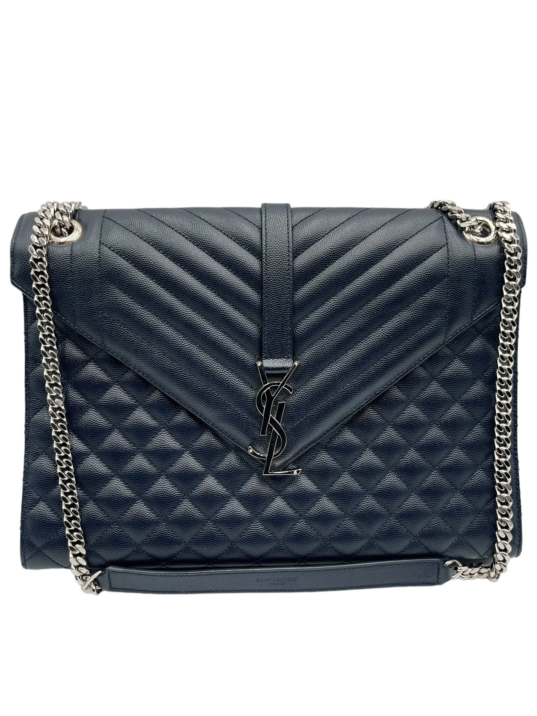 Pre-owned Yves Saint Laurent CALFSKIN LEATHER Shoulder Bags YSL MONOGRAM MATELASSE ENVELOPE NAVY LARGE