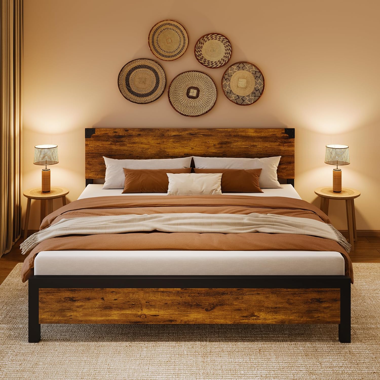 King Bed Frame, King Size Bed Frame with Wood Headboard, King Platform Bed Frame with Under Bed Storage and Metal Legs, Noise Free, No Box Spring Need