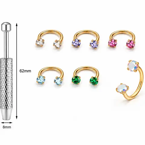 6pcs Value Pack 316L medical-grade titanium steel 18G 1.0mm Horseshoe Nose Hoop Internally Threaded Gems Nose Ring with Free Ball Holder & Guiding Needle