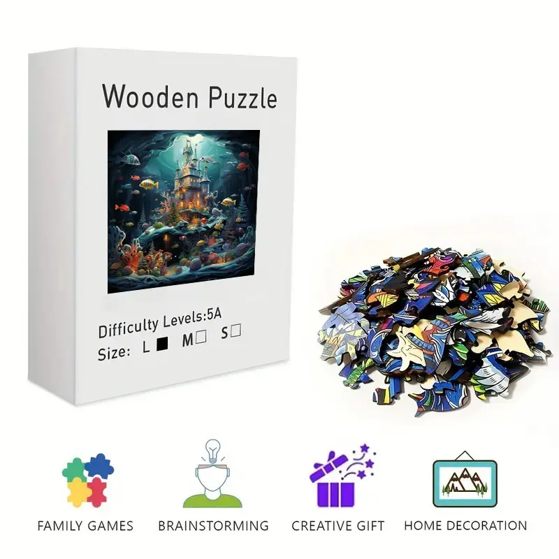 Fantasy Underwater Castle Wooden Irregular Jigsaw Puzzle, High Difficulty Challenging Brain Teaser Puzzle, Vibrant Ocean & Marine Life Design, Stress Relief & Decorative Puzzle for Adults & Teens