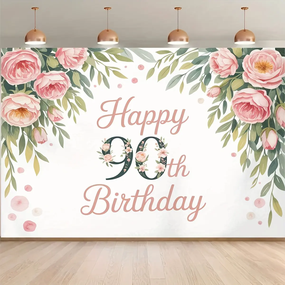 Happy 90th Birthday Backdrop Banner - Elegant Floral Design with Pink Roses & Green Leaves, Durable Photo Booth Background for Indoor/Outdoor Parties, Studio Props, Home Decor, Happy Birthday Banner, Party Decoration, Celebratory Design Flower Ornaments