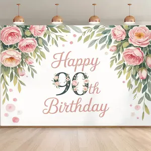 Happy 90th Birthday Backdrop Banner - Elegant Floral Design with Pink Roses & Green Leaves, Durable Photo Booth Background for Indoor/Outdoor Parties, Studio Props, Home Decor, Happy Birthday Banner, Party Decoration, Celebratory Design Flower Ornaments