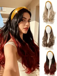 Retro Style & Cosplay Headband Wig for Women, Long Big Wave Curly Hair, Ombre Brown Black to Blonde, Synthetic Heat Resistant Natural Looking Half Wig 