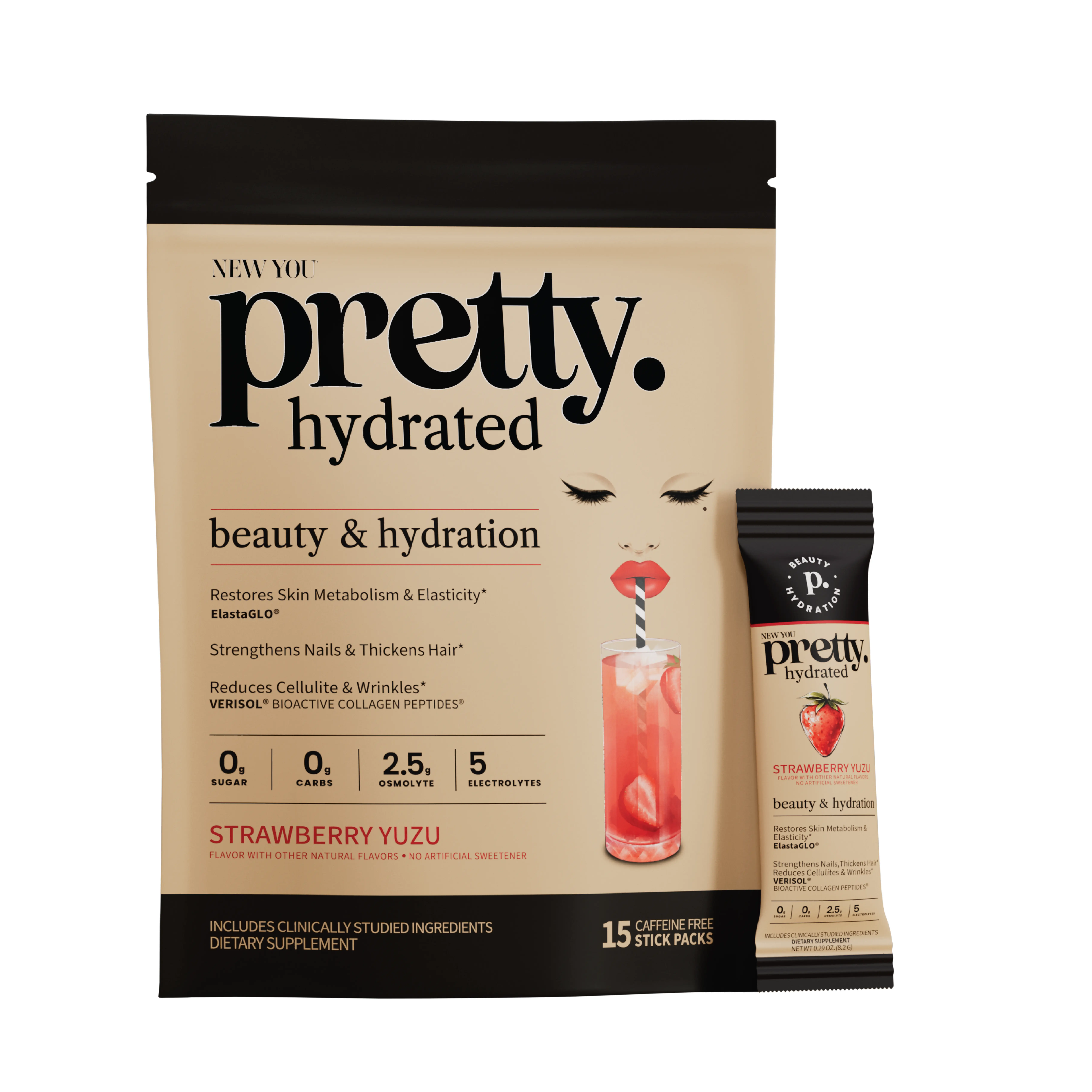 NEW YOU pretty hydrated Beauty Electrolyte Drink Mix, VERISOL Collagen & ElastaGLO Elastin, Supports Skin Elasticity & Hydration, Strawberry Yuzu Stick Packs, No Artificial Sweeteners