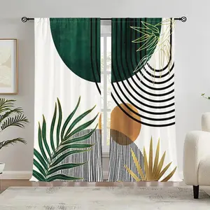 Abstract Geometric Pattern Curtain, Privacy Grommet Curtains, 2 Counts/set Boho Style Plant & Moon Phase Pattern Curtain, Window Shade for Home Living Room Bedroom Decor