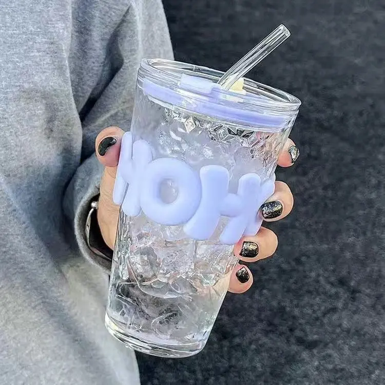 High-Quality Ice-Crushing Straw Cup Glass Water Cup Household Large Capacity Colorful Letter Cup with Lid Drinking Cup Wholesale
