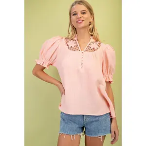 Peach Blouse Embroidered Yoke Ruffle Sleeves - Peach
