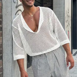 INCERUN Men's Effortless Sultry Mesh Knit Top Deep V Draped Neck Resort Party Aesthetic
