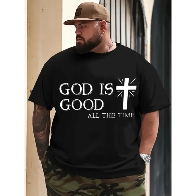 Men's Christian Faith Cotton Fabric Menswear Round Neck Short-Sleeve T-Shirt - "GOD IS GOOD ALL THE TIME" Cross Design - Loose Fit Casual Shirt - Black Religious Apparel for Church & Everyday Faith Expression - Plus Size Available