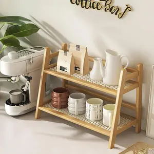 Wicker-Look Coffee Station Organizer, Bamboo Mug Holder Countertop, Kitchen Counter Shelf for Tea Coffee Bar Accessories, Matcha Stand, Cup Display, Condiment Storage Rack, 2 Tier