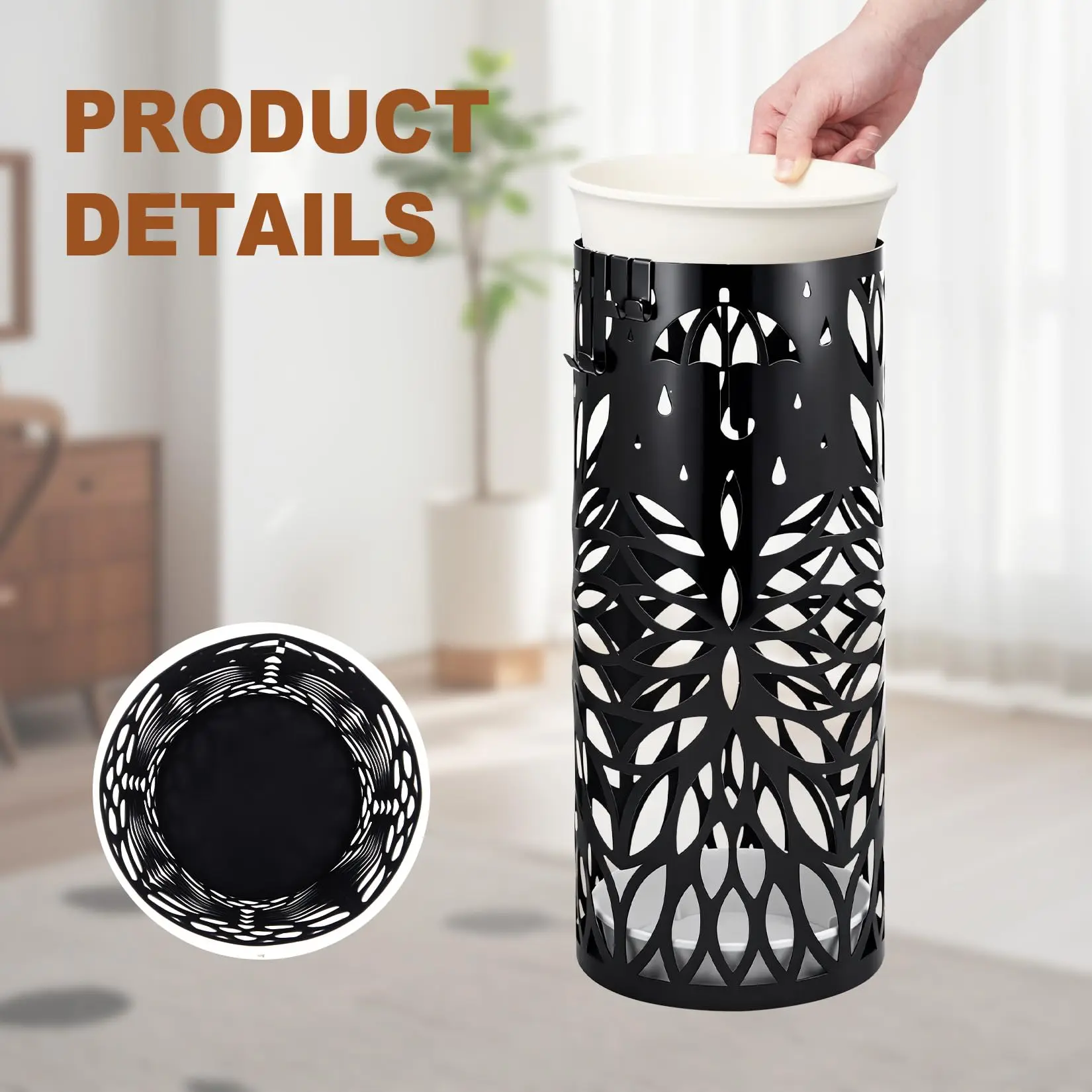 Black Umbrella Stand, Cold Rolled Steel Round Tube Freestanding Umbrella Holder, Entryway Storage Rack for Umbrellas, Canes and Walking Sticks, Medium & Large Size Compatible