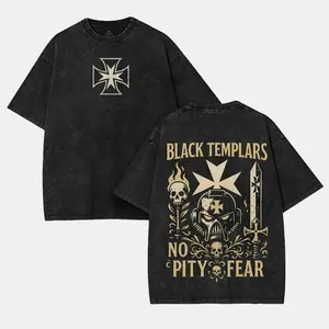 Black Templars "No Pity, No Remorse, No Fear" Tee Warhammer 40k Oversized Washed Vintage Shirt - Double- Sided Sci-Fi Graphic Casual Cotton Fabric
