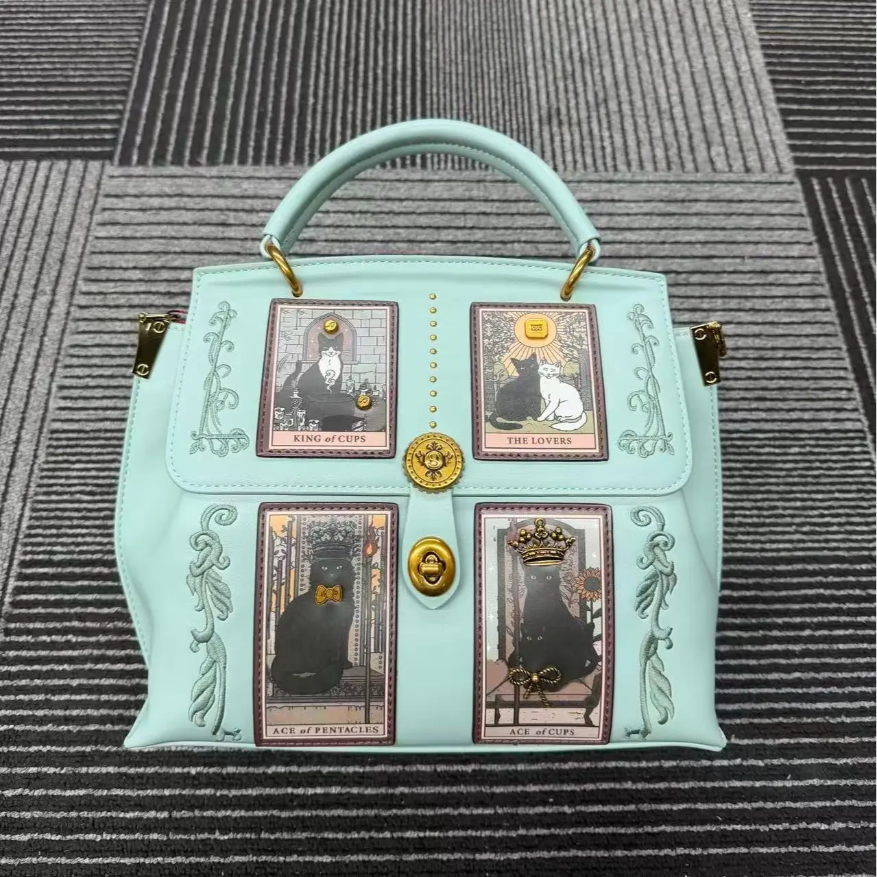 A179-Tarot Cat Design Handbag - Light Blue Color with Gold Accents and Four Tarot Card Panels