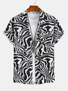 Men's Zebra Striped Short Sleeve Button-Down Shirt, Soft Breathable Casual Summer Beach Print Tops, Ideal for Vacation and Daily Outings