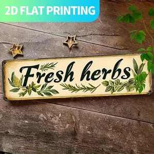 2D Flat, 1pc Vintage Farmhouse Metal Wall Decor - Retro "Fresh Herbs" Kitchen Sign with Greenery Accents - Heavy-Duty Aluminum Hanging Decoration - Pre-Drilled Holes for Easy Installation - 15.7x3.9 Inches - Perfect for Home, Porch, Cafe, Herb Garden - Ho