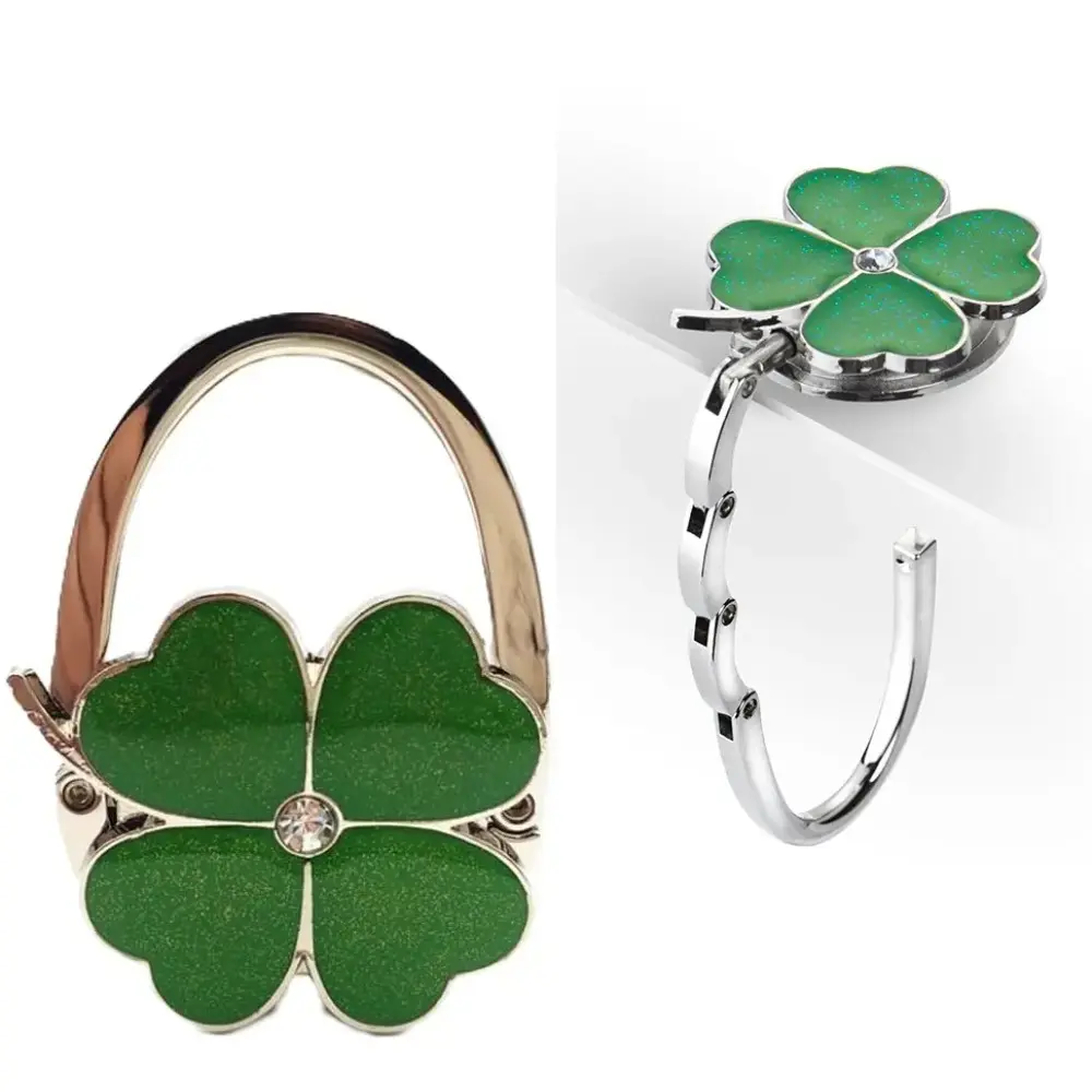 Clover Aesthetic Foldable Purse Hook - Compact Lightweight Desk Handbag Holder, Strong Stable Pursehook for Safe Clean Bag Storage During Leisure Indoor Use, Keeps Bag Clean, Strong & Stable Hold