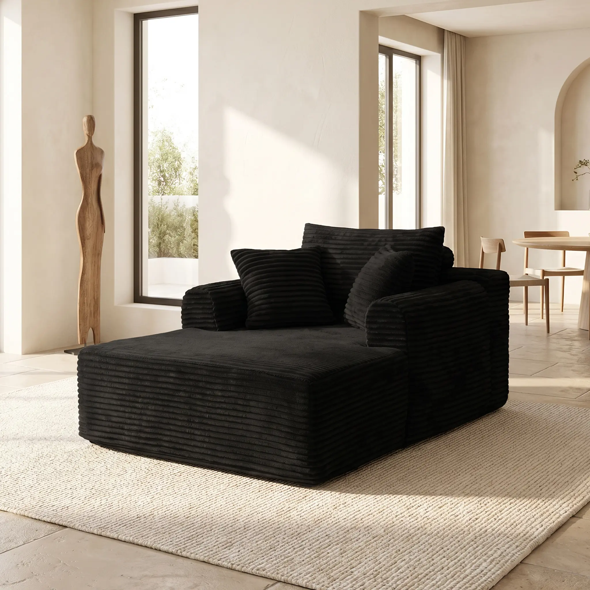 Oversized Boneless Luxurious Plush Corduroy Chaise Lounge Sofa Bed - Upholstered Indoor Sleeper Chair with Armrests, Throw Pillows, No Assembly Required, Black Couch for Living Room Sectional