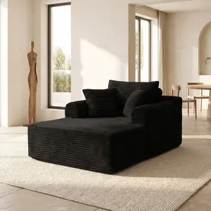Oversized Boneless Luxurious Plush Corduroy Chaise Lounge Sofa Bed - Upholstered Indoor Sleeper Chair with Armrests, Throw Pillows, No Assembly Required, Black Couch for Living Room Sectional