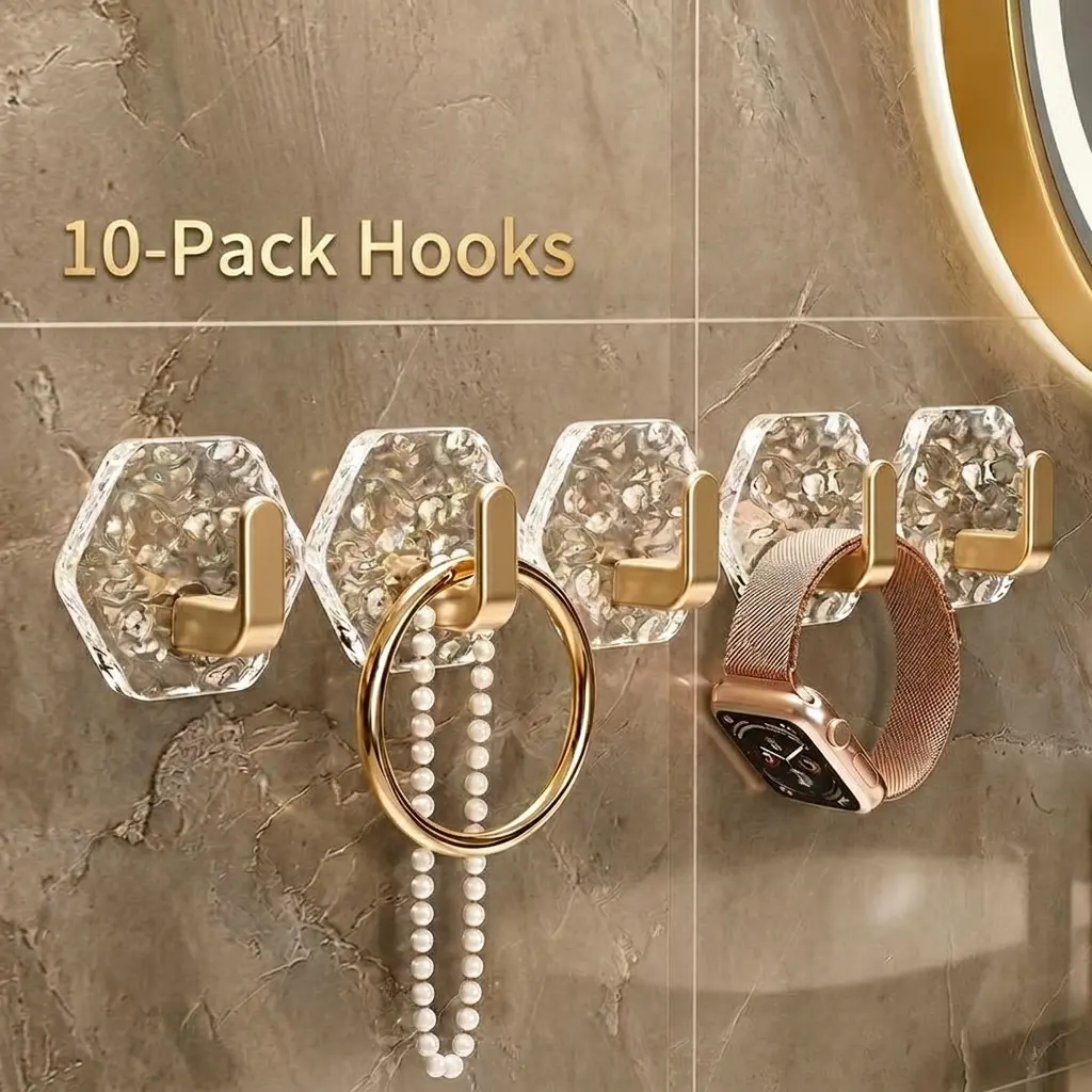 Minimalist Self-Adhesive Hooks, 10/20 Pack Hexagonal Ripple Design Heavy-Duty Sticky Hooks, Waterproof Rustproof for Bathroom Kitchen, Keys & Jewelry Towels Coats, Easy-Install Home Organizer Storage Solution
