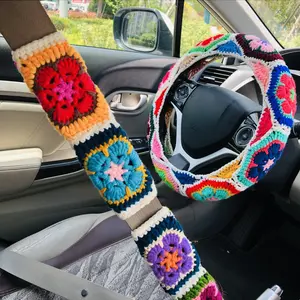 Crochet Car Steering Wheel Cover & Seat Belt Cover, 1 Set Car Interior Decoration Set, Car Accessories for Women & Girls, Girly Car Interior Sets, Car Interior Accessory, Car Decoration Supplies, Car Interior Decorative, Car Accessories Cute