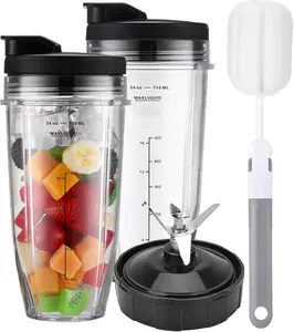 For  Blender Cups Replacement , 2 x 24oz Cups with  & 7-Fins  for Nutri  BN401 BN751 BN801 L682-30 BL642-30 BL482-30 BL687CO-30 NN102 Extractor  with Cleaning Brush