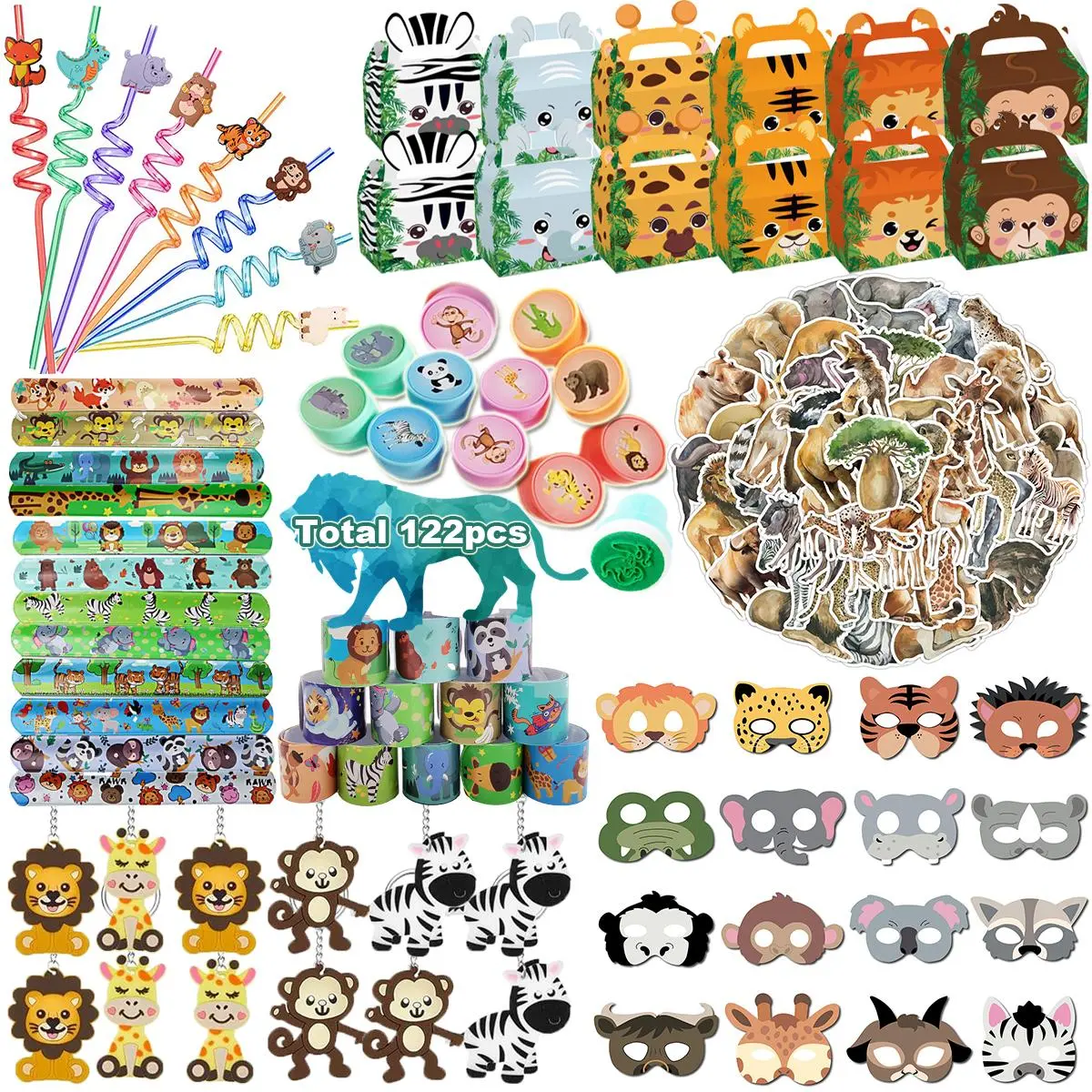 Jungle Animal Party Supplies, 122pcs/set Animal Themed Birthday Party Favors Assortment, Party Favor Packs, Party Bag Fillers, Goodie Bag Fillers, Birthday Party Kit, Goodies Set, Birthday Treat Gifts, School Classroom Student Prizes