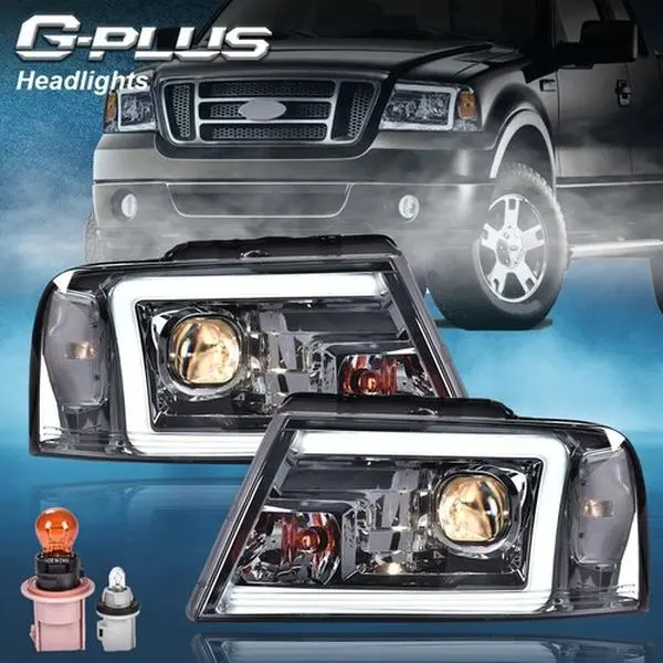 G-PLUS LED DRL Projector Headlight Assembly Pair - Bolt-On Automotive Headlight Assemblies for 2004-2008 Ford F-150/Lincoln Mark LT, Chrome/Smoked Finish, Factory Replacement Car Lighting Upgrade