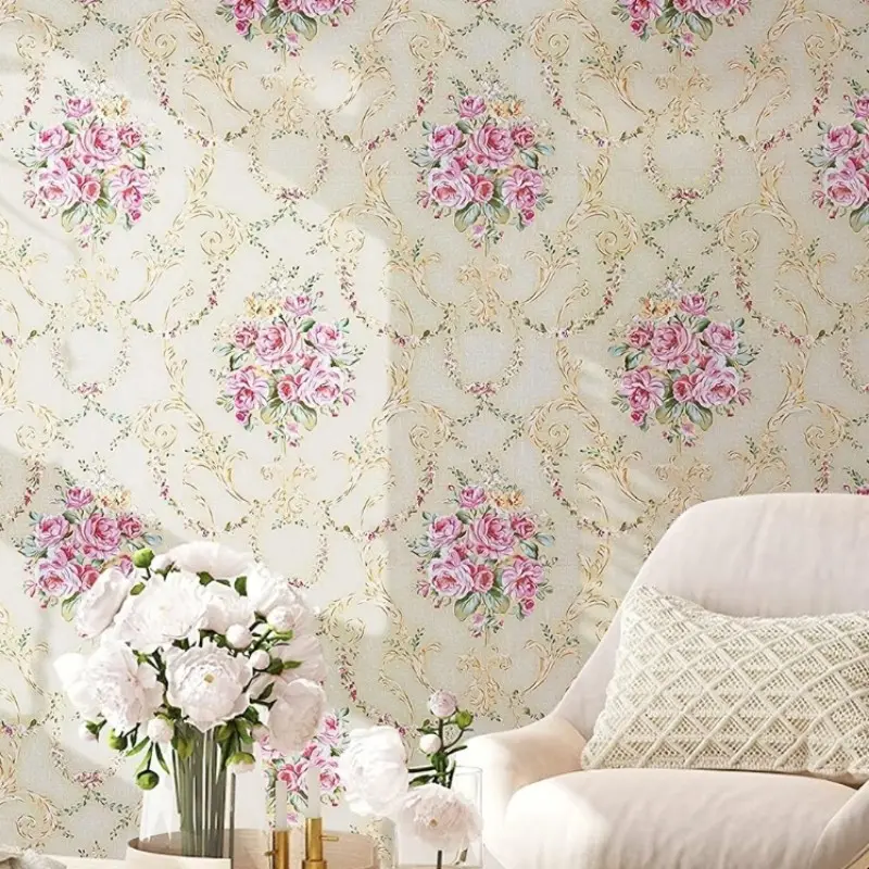 French Vintage Floral Wallpaper, Peel and Stick Removable Wall Mural, Soft Rose Pattern, Elegant Home Decor for Bedroom, Living Room & Dining Room