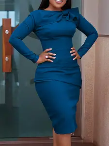 Women's Plain Bow Decor Ruched Bodycon Dress, Elegant Chic Long Sleeve Boat Neck Knee Length Dress for Party Evening, Ladies Clothes for All Seasons, Womenswear, Formal Wear